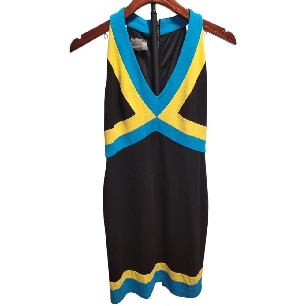 Muse Mod Colorblock Ponte Bodycon Dress 6 Black Blue‎ Yellow Geometric V-Neck